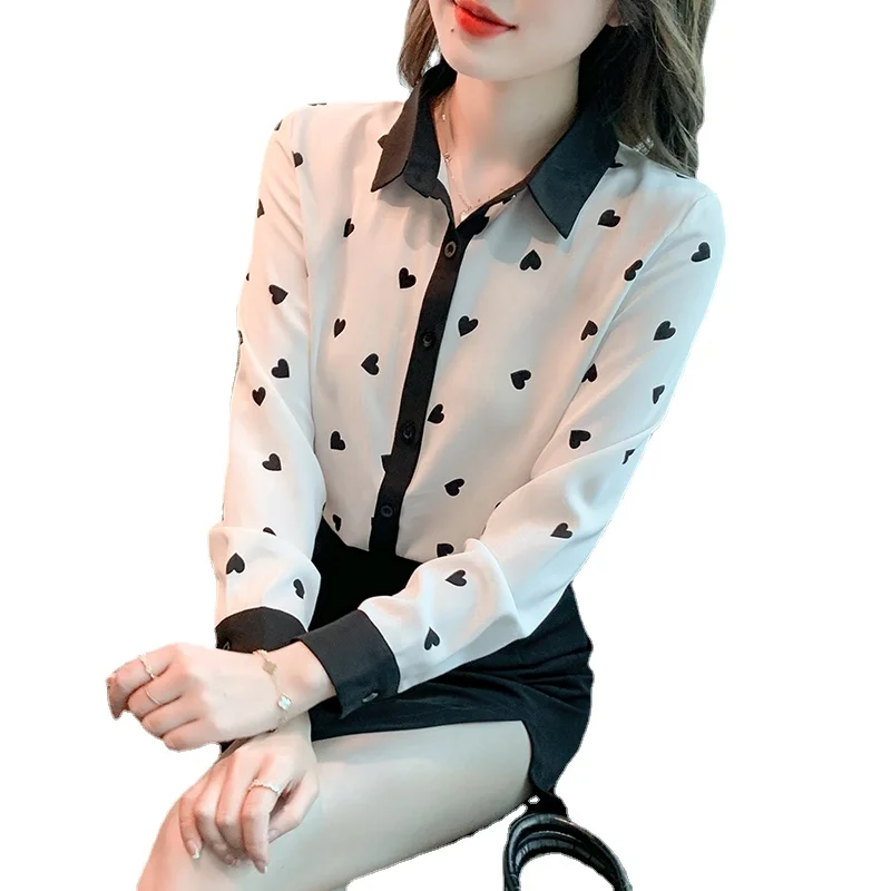 2022 Autumn New Korean Printing Long Sleeve Office Lady Chiffon Shirt Casual Fashion Women's Top