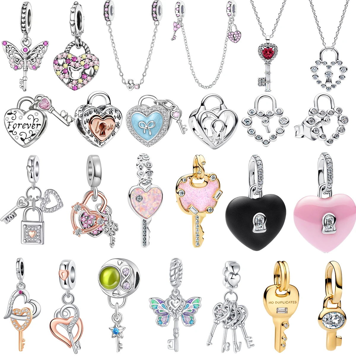 Original 925 Sterling Silver Lock&Key Charms Lucky Heart Shaped Key Beads Pendants Fit Necklace Bracelet DIY Fine Jewelry Gift