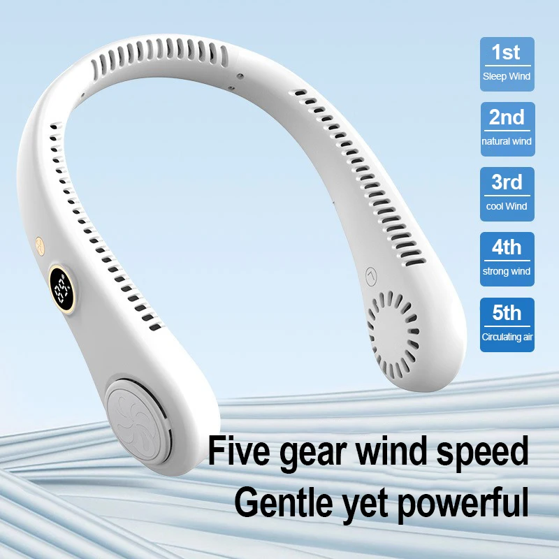 Leaveless Hanging Neck Fan USB Rechargeable Outdoor Mini Student Portable Five Level Digital Display Hanging Neck Small Fan