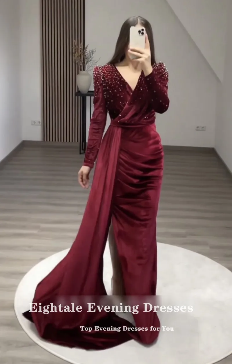 Eightale Velvet Evening Dress for Wedding Party V-Neck Beaded Sexy Side Slit Mermaid vestidos otoño invierno Burgundy Prom Gowns