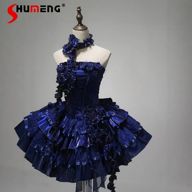 

Blue Lolita Princess Dress High Waist Slim Elegant Fashion 3D Rose Ruffles Strapless Sleeveless Ball Gown Gothic Dress