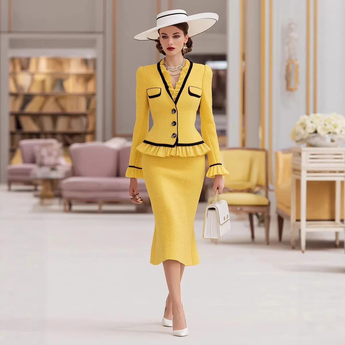 XXOWENLI Women 2‑Piece Suit V‑Neck Ruffle Trim Blazer Jacket+Mermaid Midi Skirt Elegant Office Luxury Party Matching Outfit Set