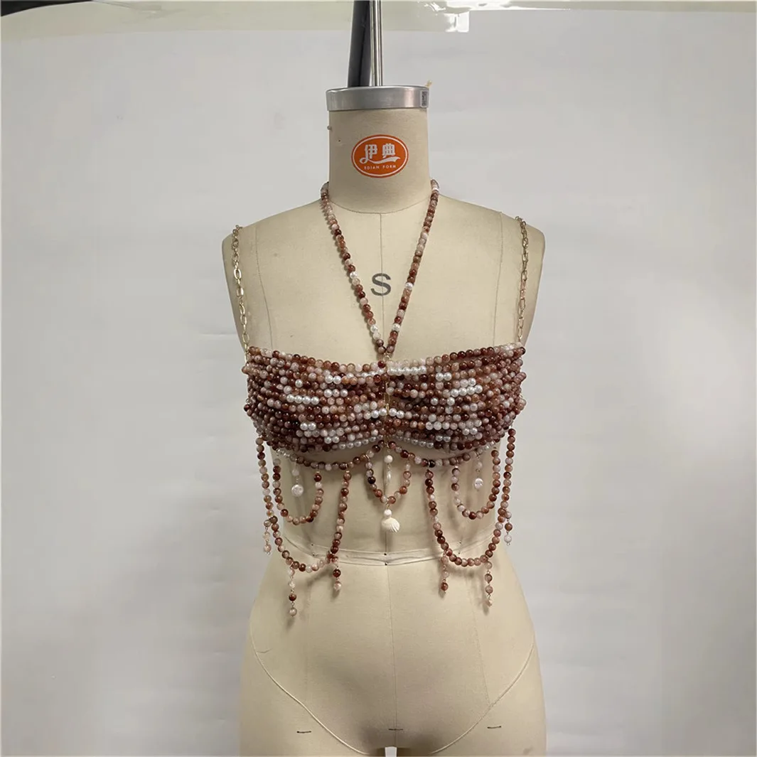 스파이시 걸 스타일 비즈 목걸이 바디 체인 탑, 조개 펜던트와 프린지 멀티 레이어 체인 비치 레이어드 액세서리