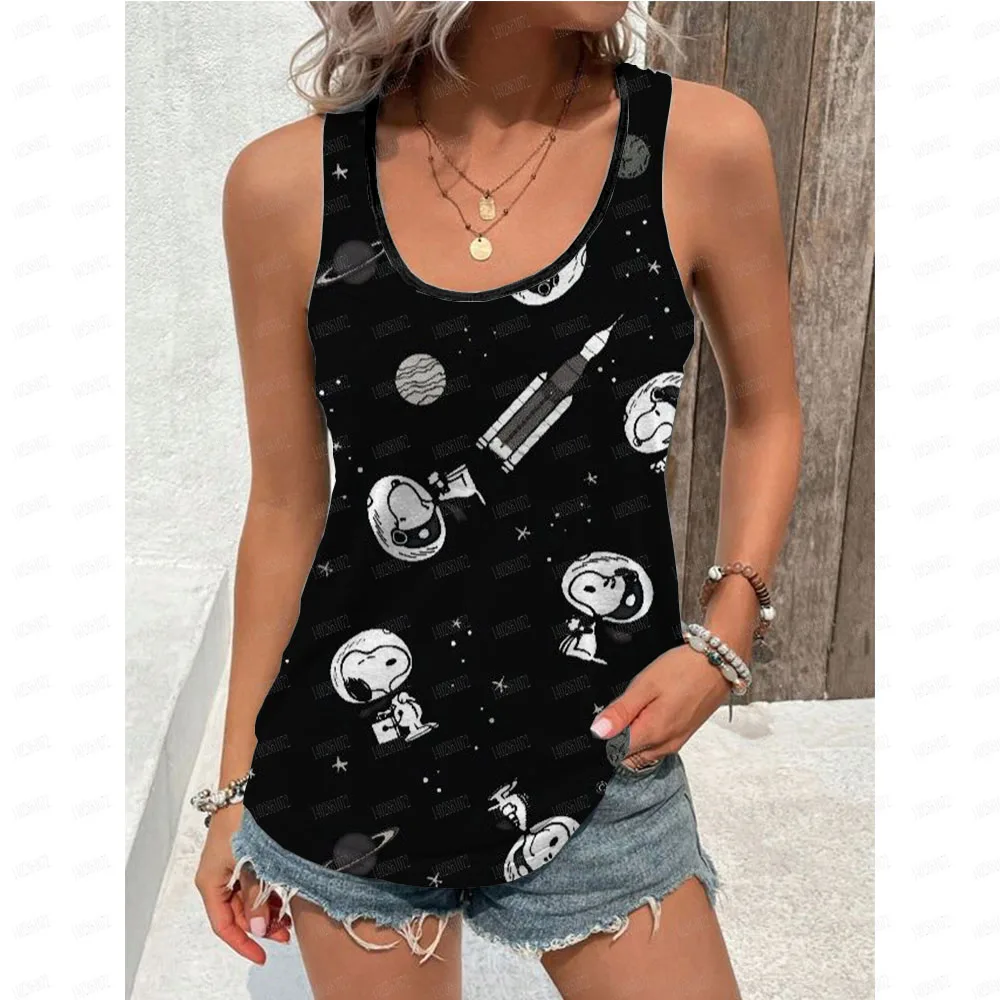 Blusa feminina preta camisas e blusas dos desenhos animados snoopy impressão sem mangas topos solto decote em v pulôveres verão jovem mulher roupas