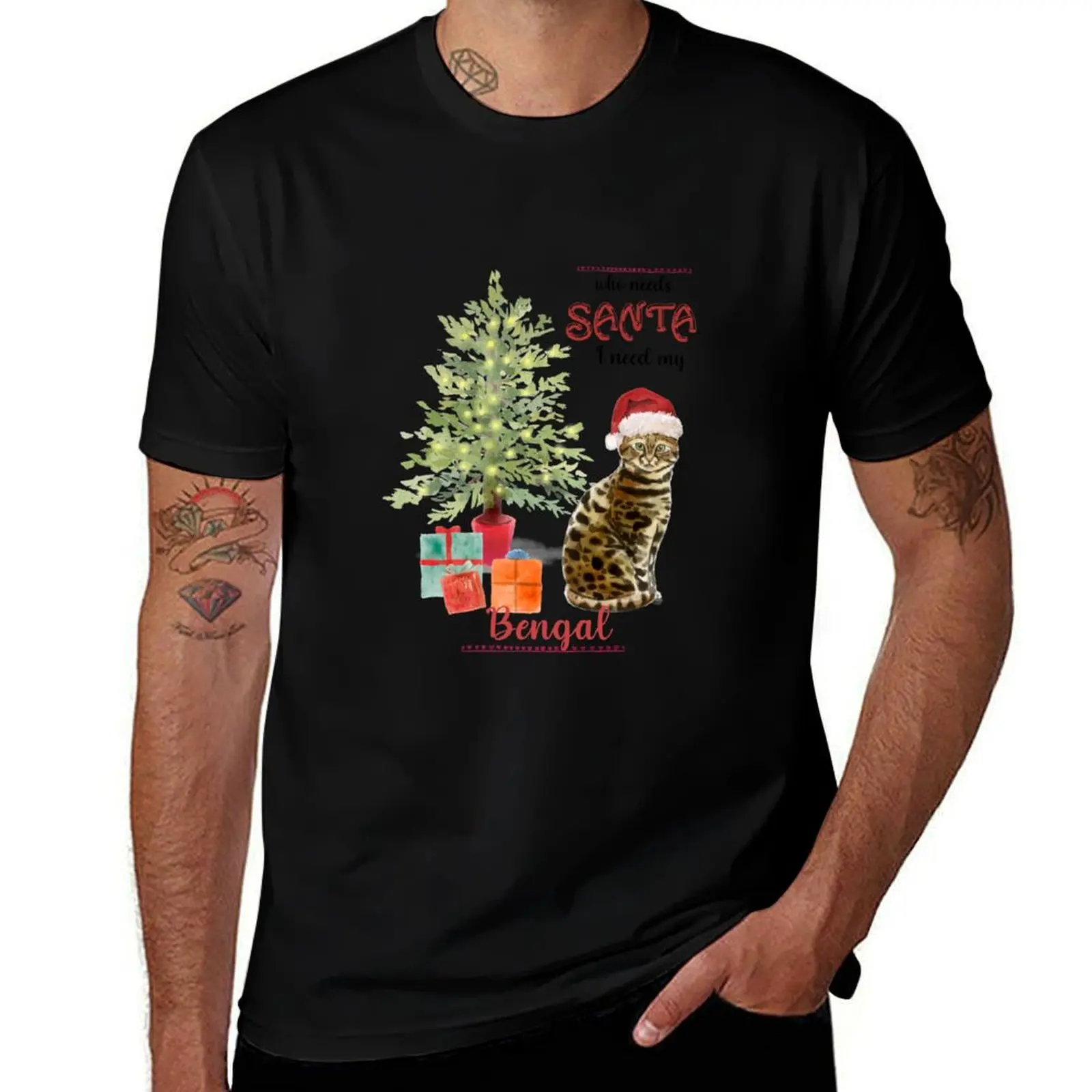 Bengal funny cat christmas T-Shirt Sports Casual Short Sleeve Cotton Tee T-Shirt