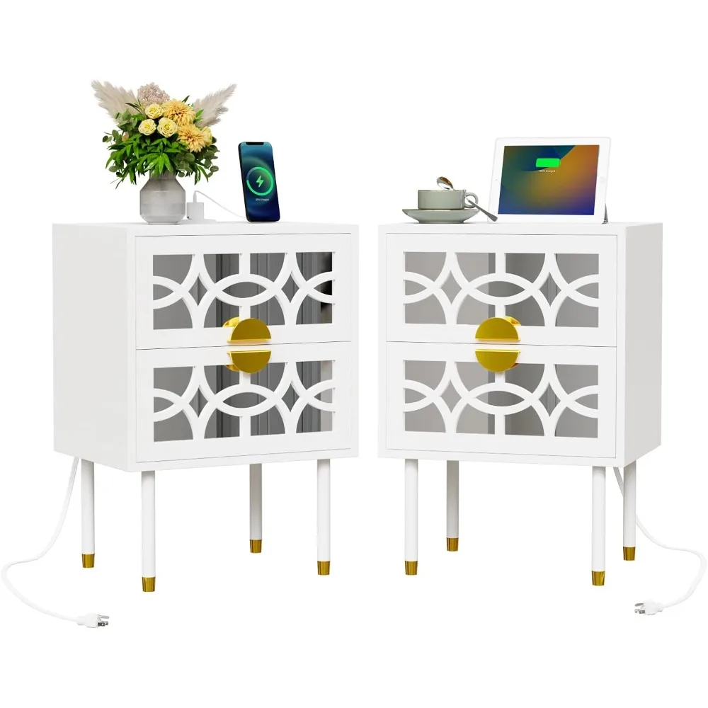 

Nightstand with Charging Station Set of 2, White Nightstand with Drawers, Mirrored Nightstands, Mirror Night Stand Set of 2