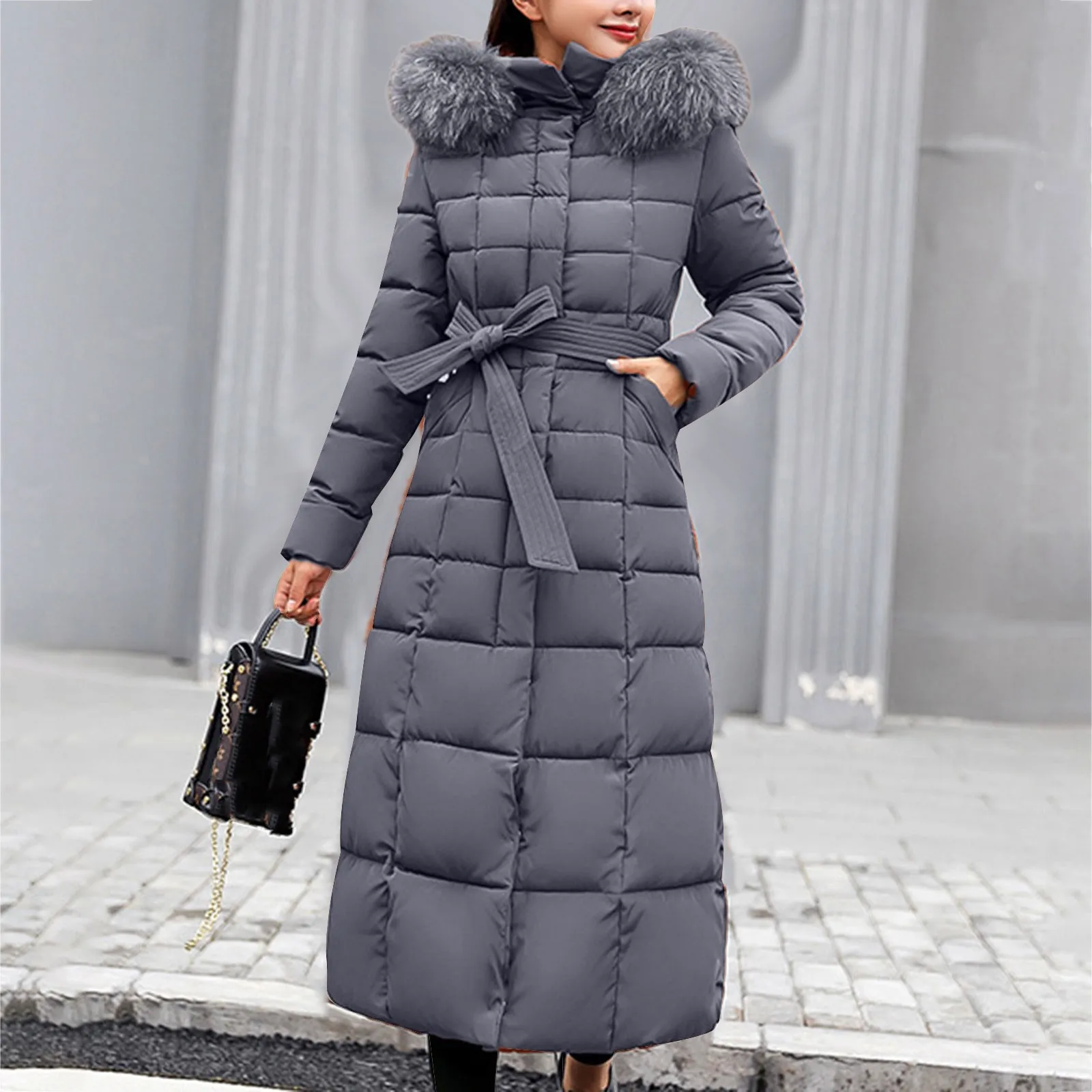 Solid Color Lace Up Slim Long Down Jacket Pocket Long Sleeve Faux Fur Hood Parka Casual Thick Winter Warm Down Coat Ladies