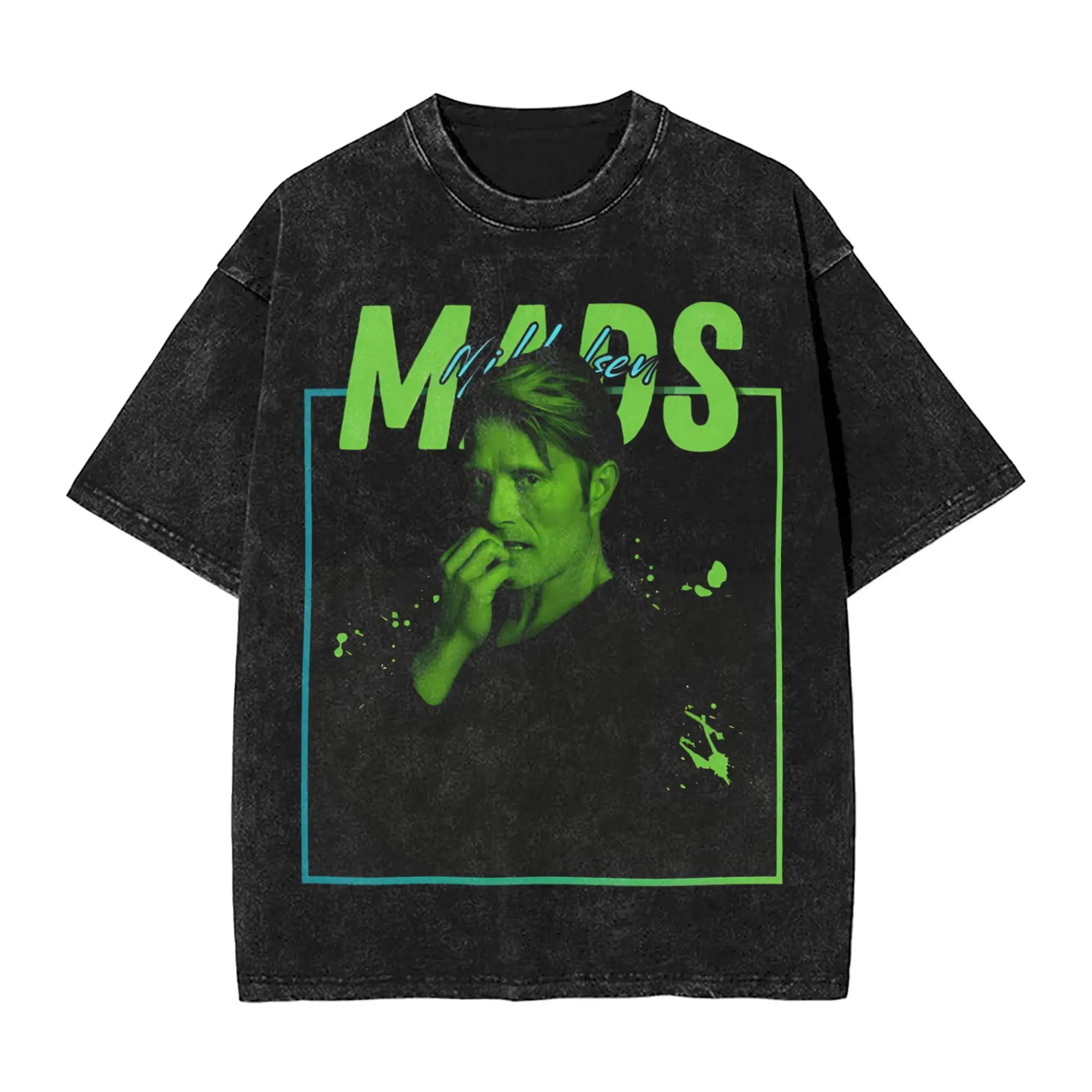 Unique Mads Mikkelsen Retro Art T-Shirt for Men Round Collar 100% Cotton Washed T Shirts Short Sleeve Tees Birthday Present Tops