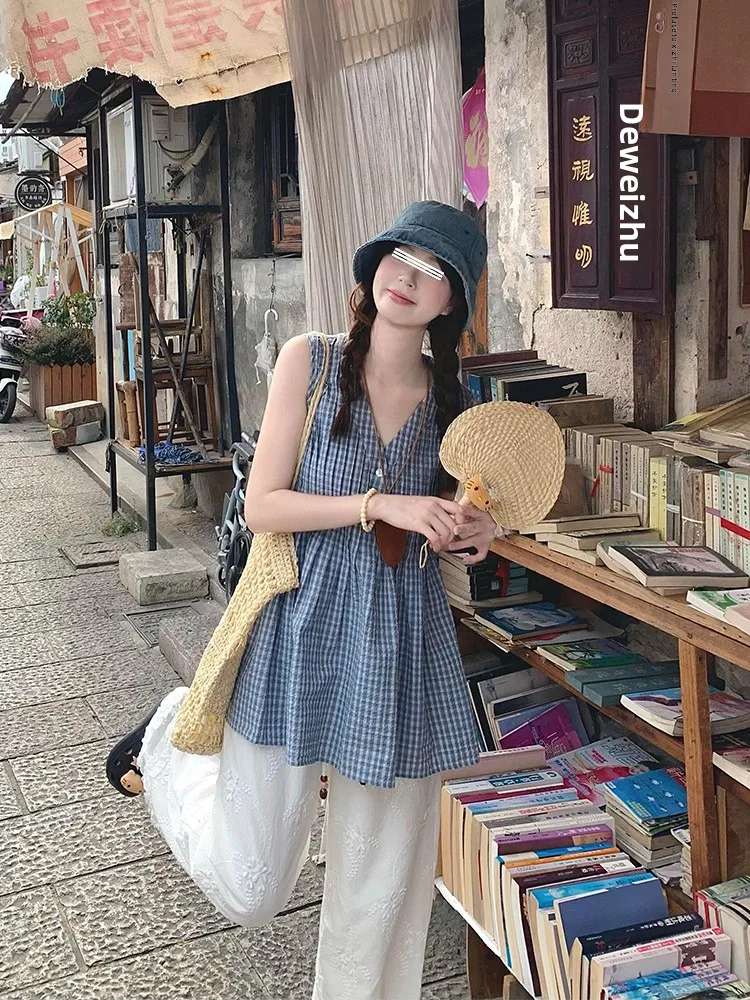 

Посмотрите корейский милый молодежный клетчатый жилет на бретельках, женский летний ленивый свободный топ без рукавов, верхняя одежда, повседневная праздничная одежда