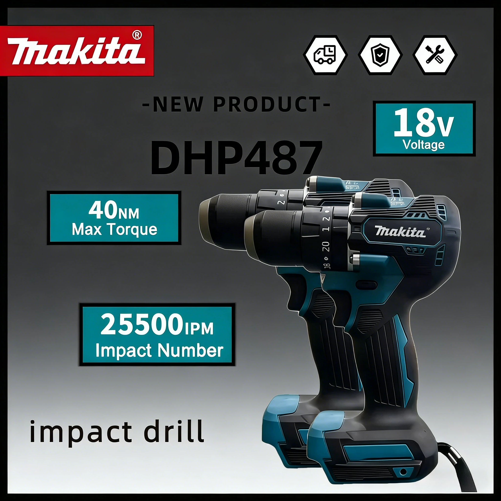 

Бесщеточная аккумуляторная ударная дрель Makita DHP487, электрическая отвертка с высоким крутящим моментом, инструмент для литиевых батарей 18В.