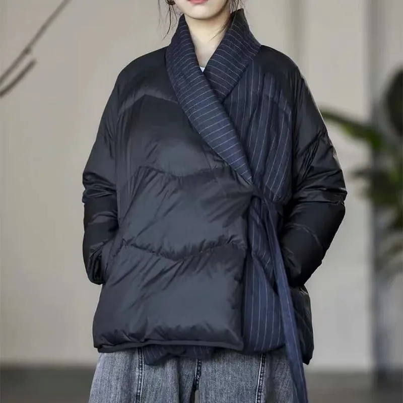 ヴィンテージシックなパッチワークレディースダウンジャケット軽量ダウンジャケット冬用ショートオーバーサイズダウンコート女性用パーカーカナダ風