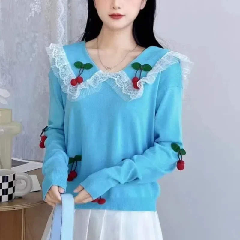 Doll Collar Slim Fit Versatile 2024 Spring and Autumn New Item Splicing V-neck Lace Fashion Casual Long Sleeved Knitted Top