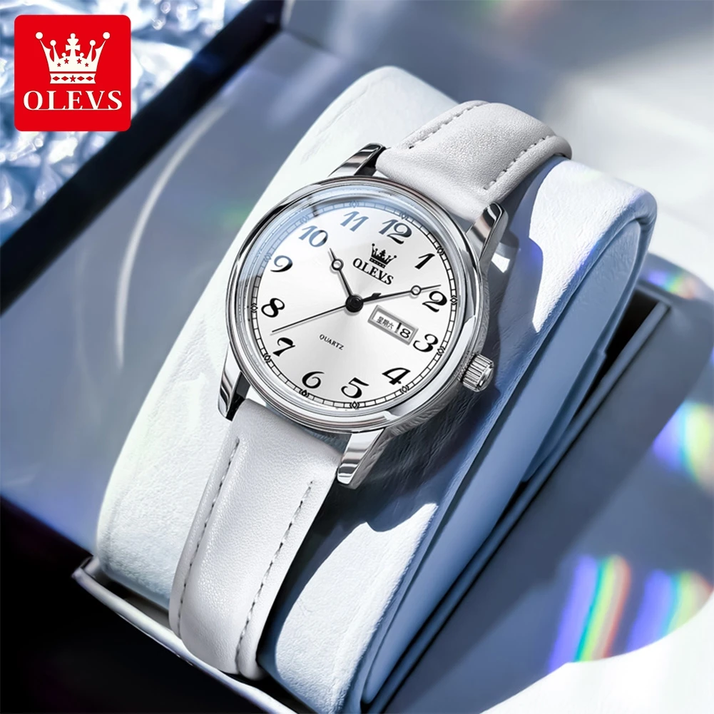 

OLEVS Women's Watches Simple Fashion Leather Strap Original Brand Quartz Wristwatch for Girl Waterproof Date Week Trend Dress