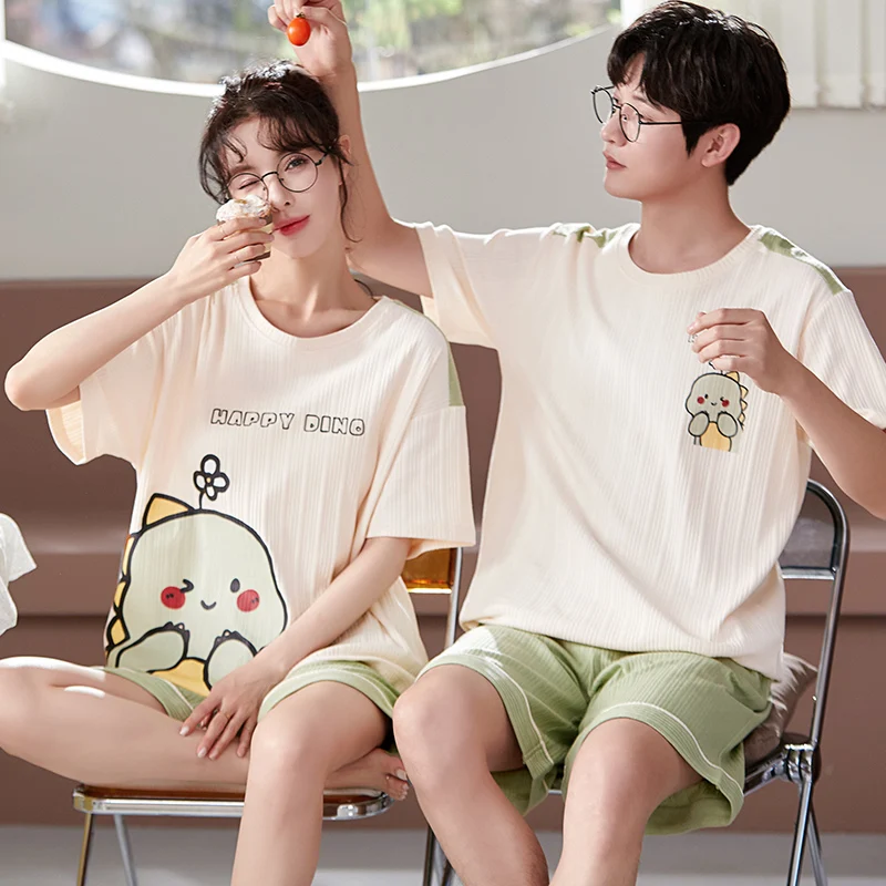 Summer Cotton Couple Pajamas Set Cartoon Sleepwear Short Sleeve Round Neck Loose Sweet Cute M-3XL Lovers Homewear