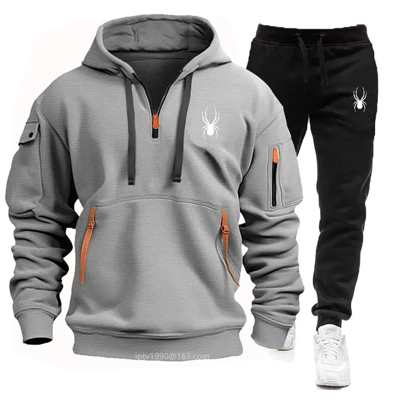 2024 nova primavera e outono masculino multi-bolso zíper hoodie + moletom de duas peças jogging lazer fitness conjunto de roupas esportivas