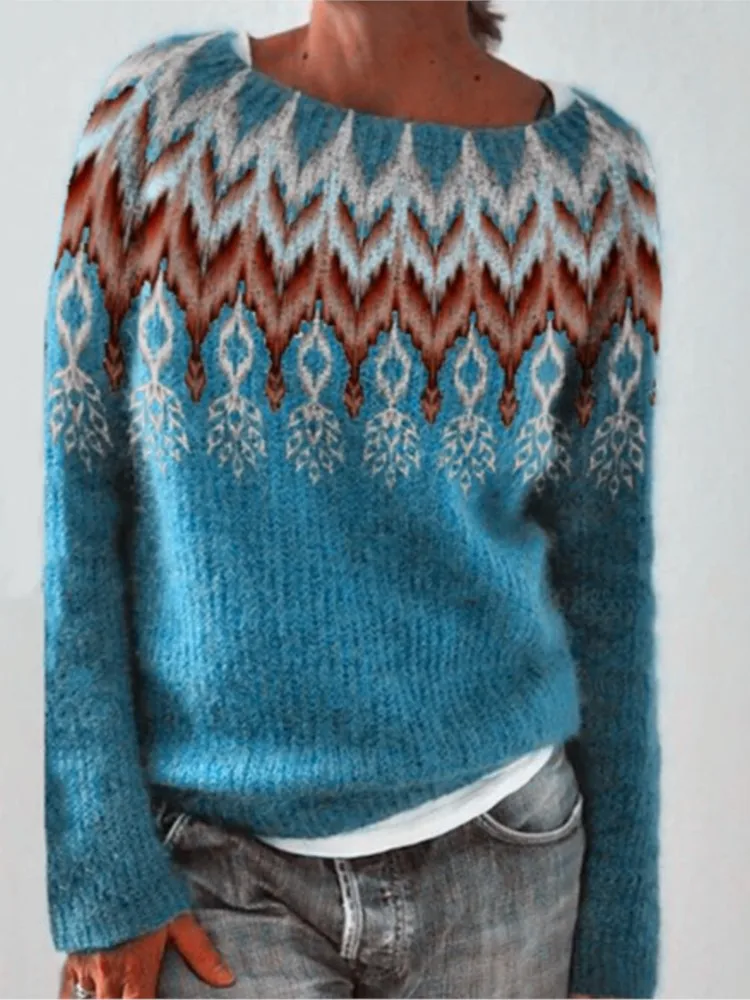 موضة محبوك سترة سيدة عادية س الرقبة طويلة الأكمام فضفاضة البلوفرات البلوزات للنساء الشتاء Vintage طباعة القمم الملابس جديد