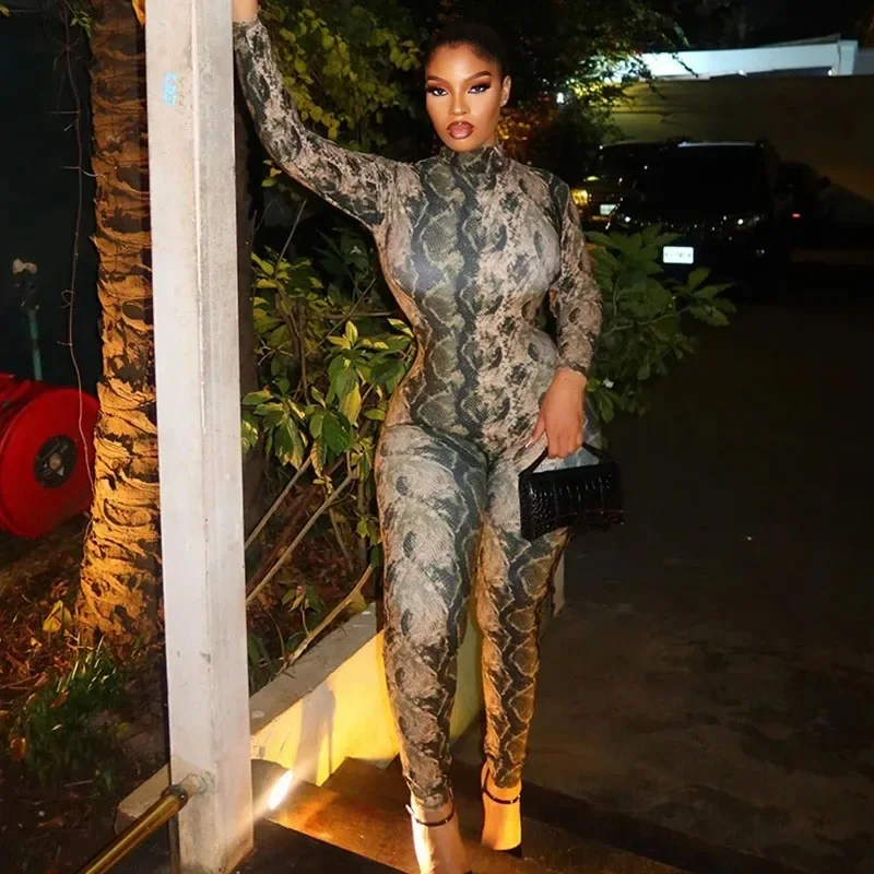 Vintage Snake Printed Jumpsuit Women Long Sleeve Turtleneck Backless Night Party Sheath Slim Rompers One Piece Sexy Club Outfit