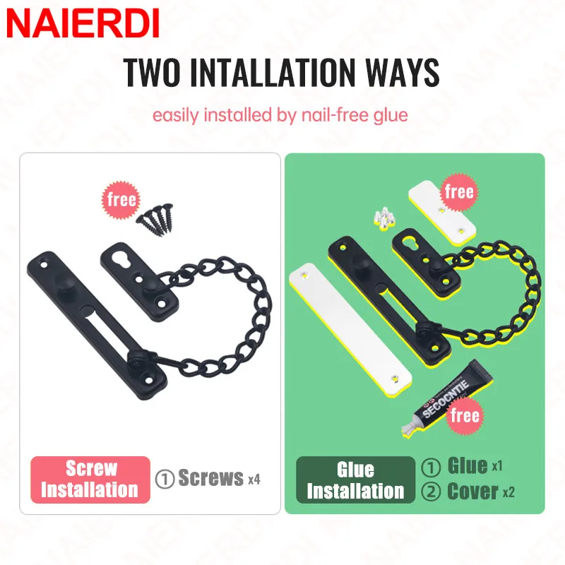 NAIERDI Security Door Sliding Chain Lock Safety Punch Free Stainless Steel Door Chain Lock Anti-theft Door Chain Latch Buckle