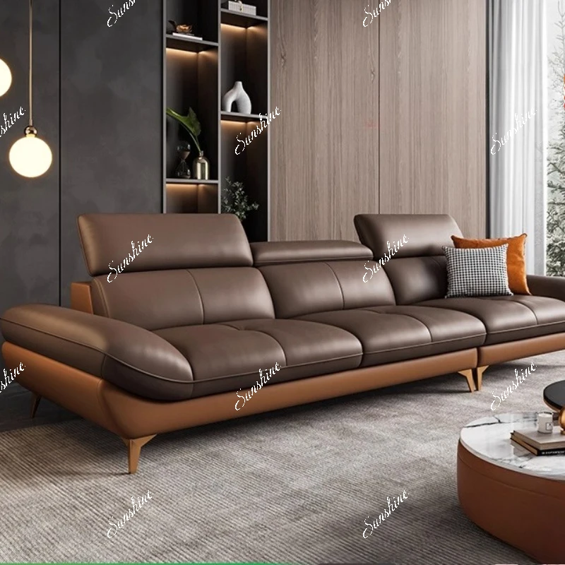 

Leather sofa Living room simple modern inline small apartment Italian minimalist three-seater