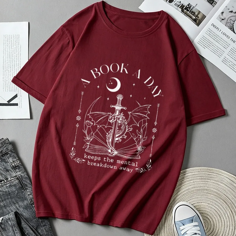 A Book A Day Keeps The Mental Breakdown Away Dark Academia Dragon Sword Moon Bookish Graphic Print Otton T‑Shirt Casual Top Tees