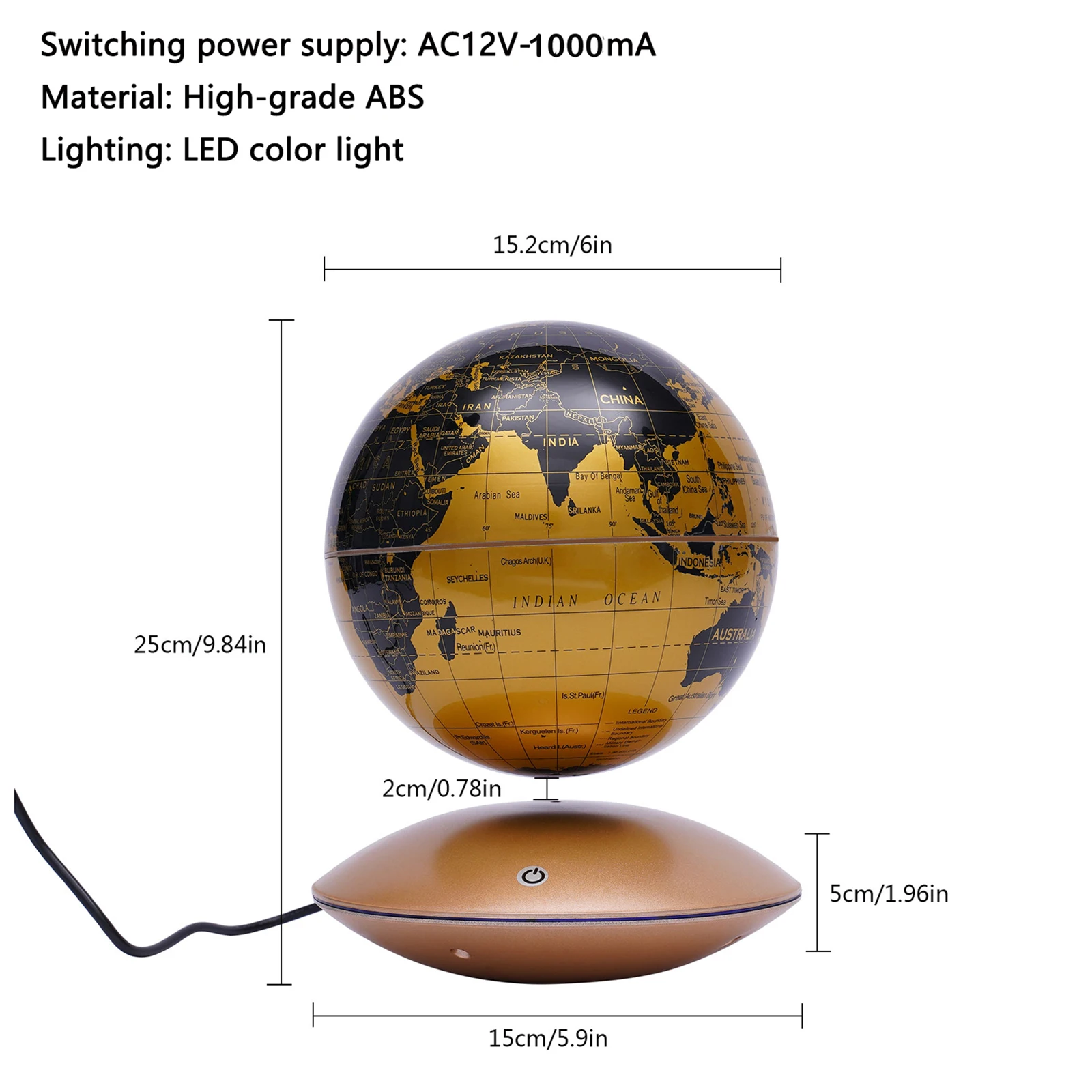 Globo geográfico de 6 polegadas com luz colorida e recurso de suspensão, potência de 12 V e potência de 5-10 W para um display visual impressionante
