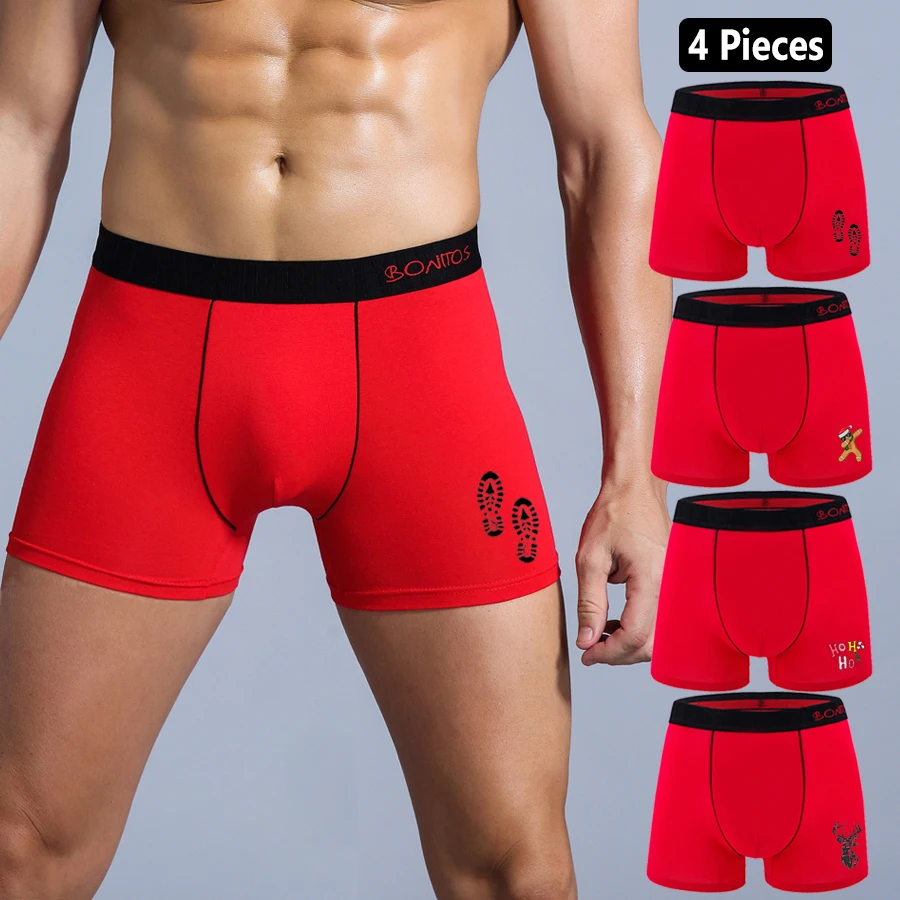 4 Stück BONITOS Baumwoll-Boxershorts mit Schriftzug am Bund, Herren-Unterhosen, bedruckte Boxershorts, Herren-Unterwäsche, Geschenk zu Weihnachten