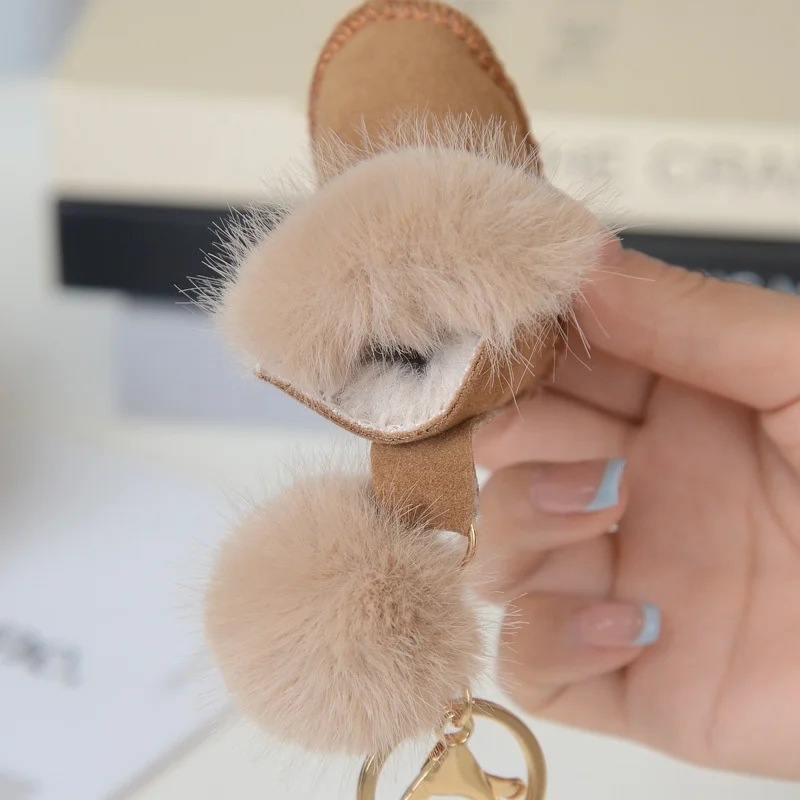 Camel Color Fluffy Real Mink Fur Imitation Boots Slippers Ball Pom Poms Fur Keychain Car Key Chain Metal Ring Pendant For Women
