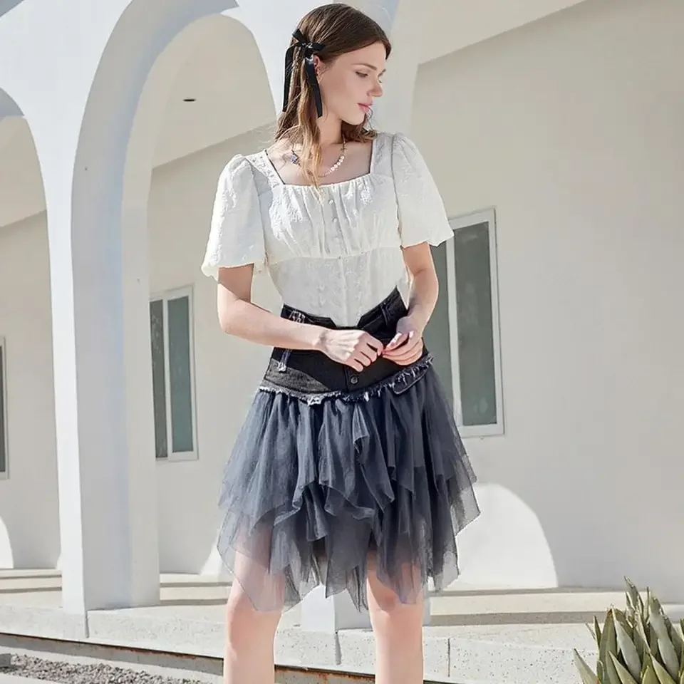 Women Skirt High Waist Denim Skirt Stylish High Waist Denim Mesh Yarn A-line Skirt For Women Irregular Hem Design Versatile Work