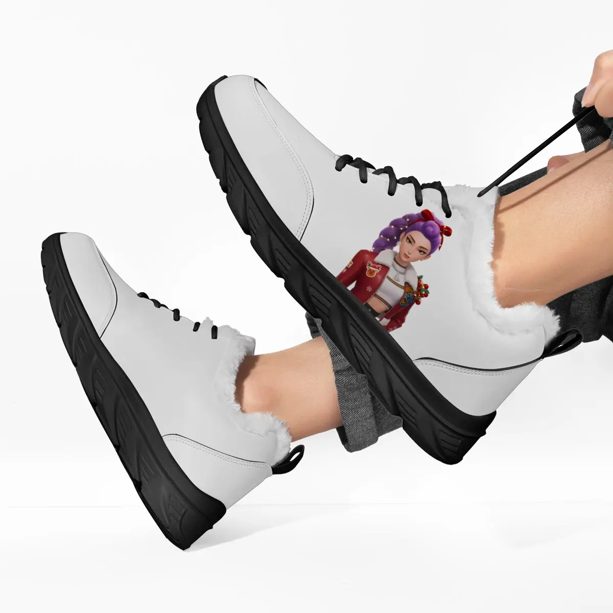 Sapatos casuais personalizados com forro de pele branca, calçados esportivos de inverno com personagem de desenho animado, tênis plataforma masculino, sapatos femininos da moda