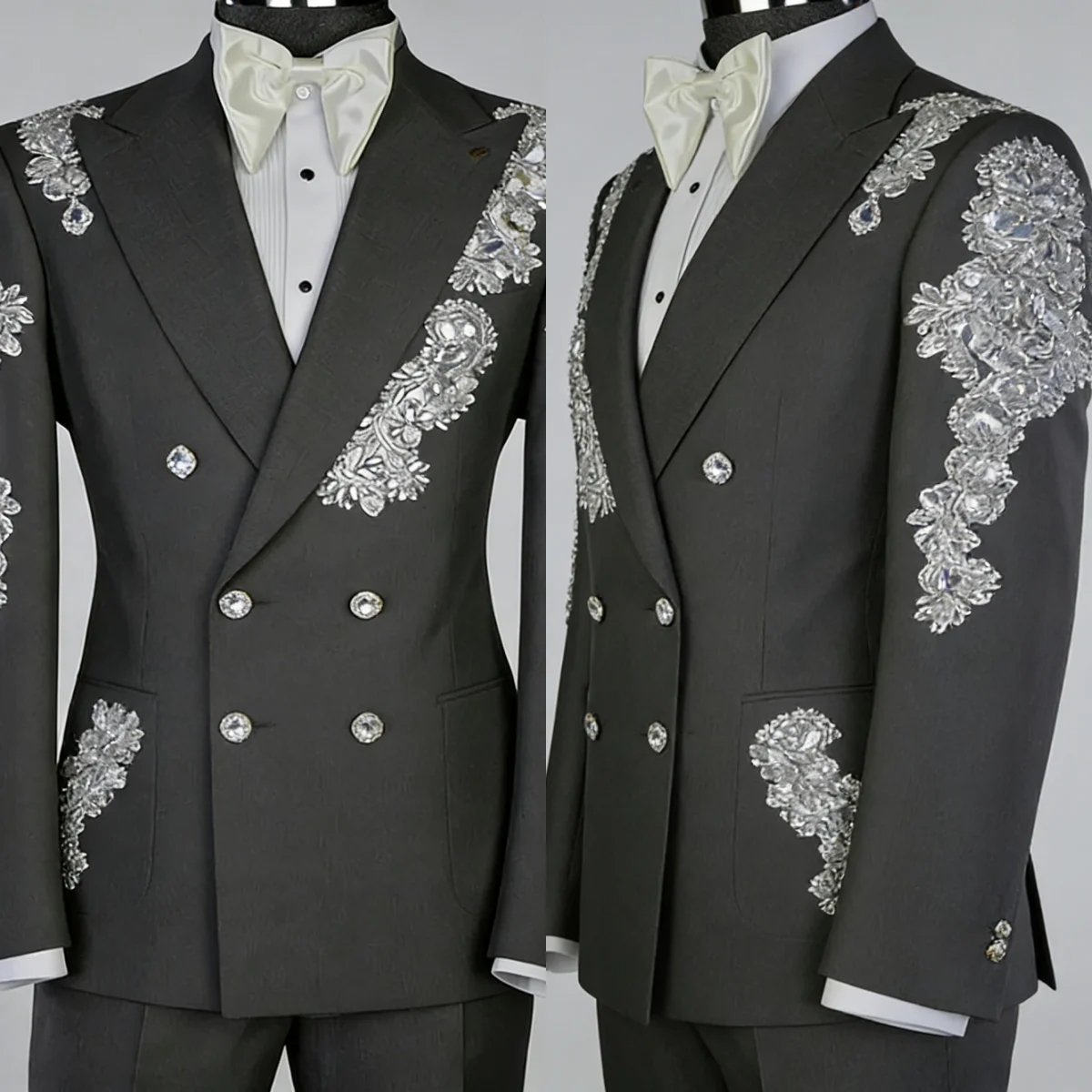 

Modern Men Suits Peaked Lapel Crystals Groom Wedding Tuxedos Double Breasted Classic Fit Customized 2 Pieces Trajes Para Hombre