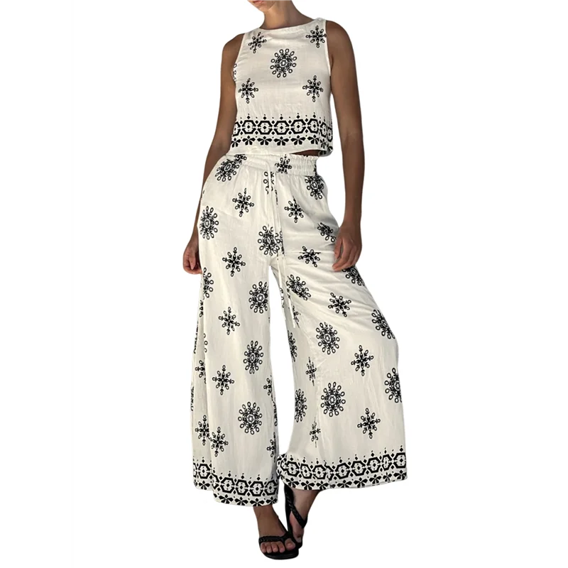 

CYL-Womens Boho Floral Y2k Summer 2 Piece Outfits Tank Tops And Wide Leg Pants Set