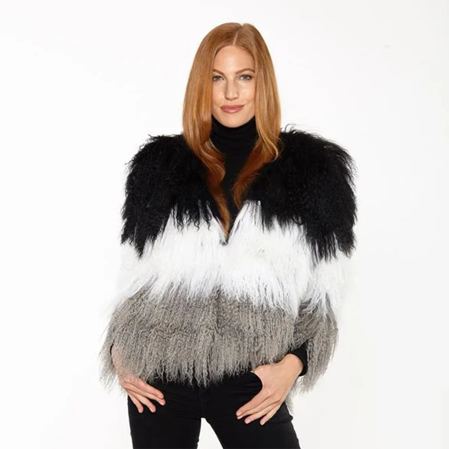 

Ladies Sheepskin Coat Real Mongolian Lamb Fur Coats Round Collar Short Natural Sheep Fur Jacket Fluffy