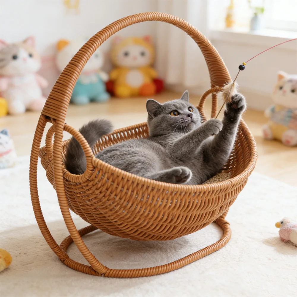 Rattan Swing Cat Bed Elevated Cat Cradle Hammock Cozy Cat Nest with Rocking Stand Indoor Pet Sleeping Basket for Cats view 6