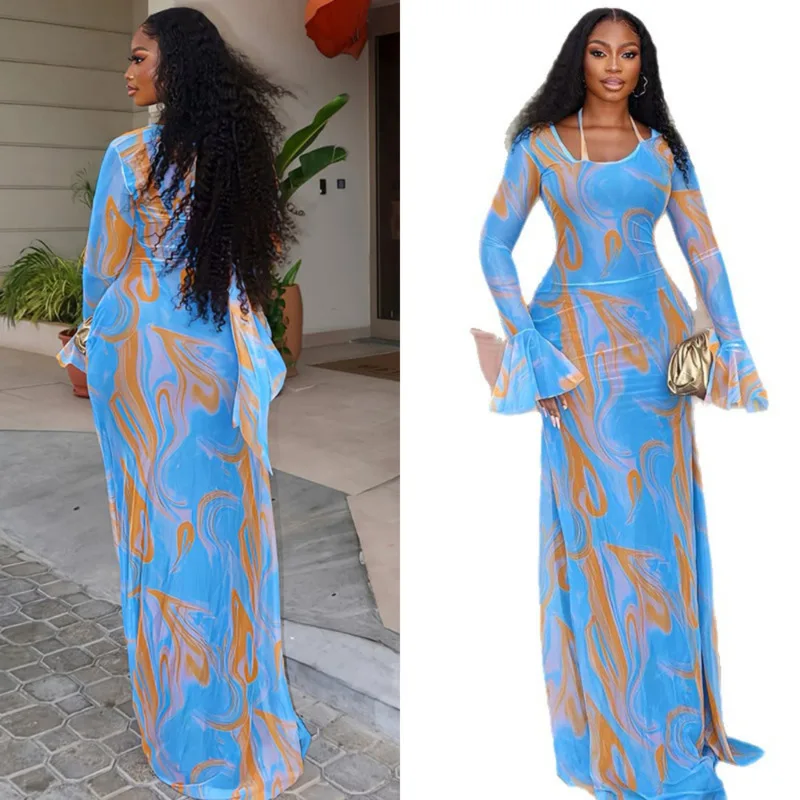

2025 Elegant Women Maxi Dress Long Sleeve Retro Printed Flare Sleeve O Neck A-Line Bodycon Holiday Party Spring Summer Dresses
