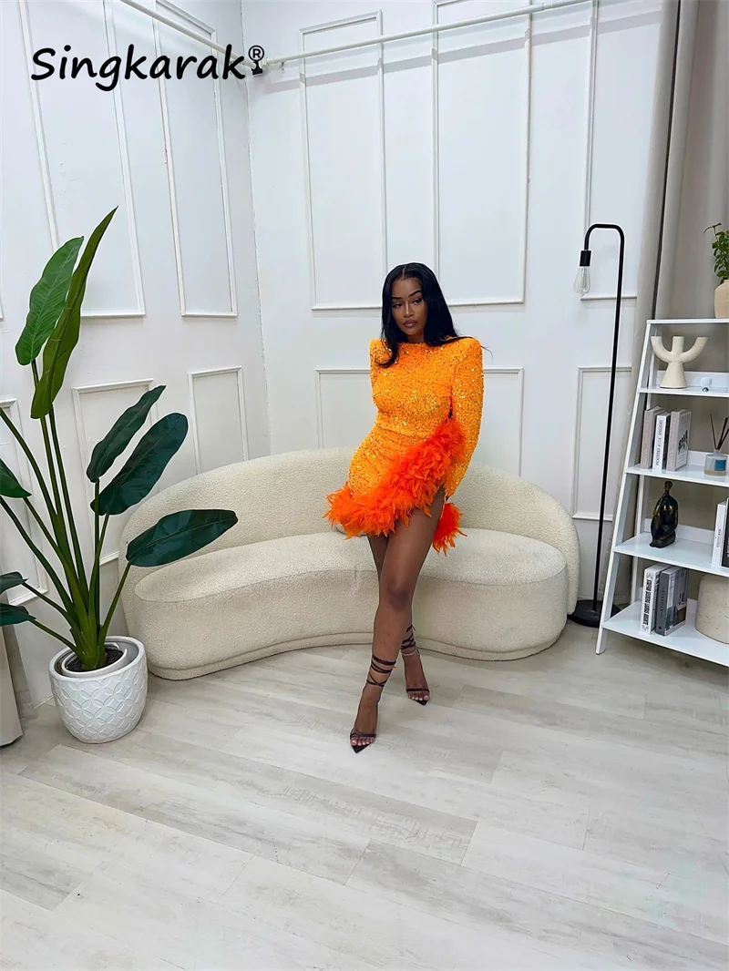 Luxury Orange Short Prom Dresses 2024 Long Sleeves Feathers Sequins Gown For Black Girls Birthday Senior Party Gowns