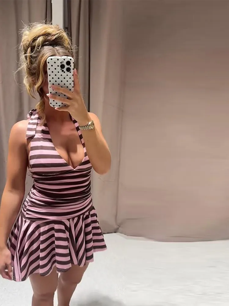 Damen-Minikleid mit tiefem V-Ausschnitt, rückenfrei, Neckholder, gestreift, charmantes, ärmelloses, plissiertes, schmales Partykleid mit Schnürung, neue Roben – Detail 15