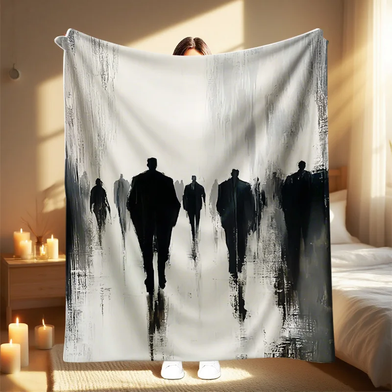 1pc Black & White Abstract Walking Figures Throw Blanket - Modern Black & White Minimalist Design with Black & Gray Silhouette