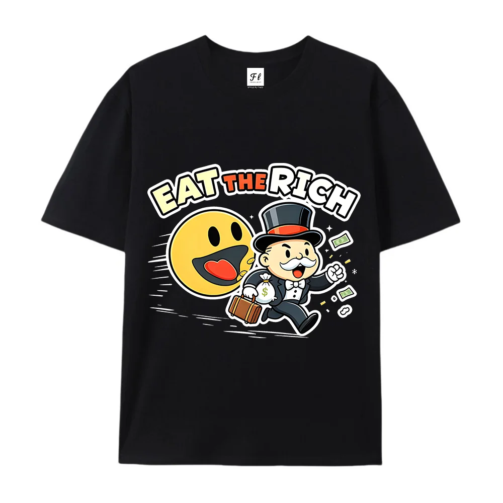 Eat The Rich Cartoon Graphic Shirt Funny Wealthy Man Emoji Money Print Fashion Casual Short Sleeve Humorous Streetwear Gift