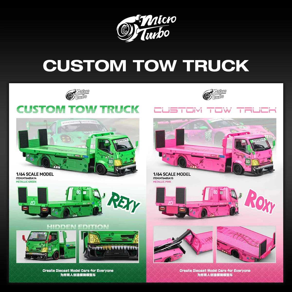 

PRESALE MicroTurbo 1:64 изготовленный на заказ эвакуатор зеленый розовый тираннозавр литая под давлением диорама модель автомобиля игрушки MT