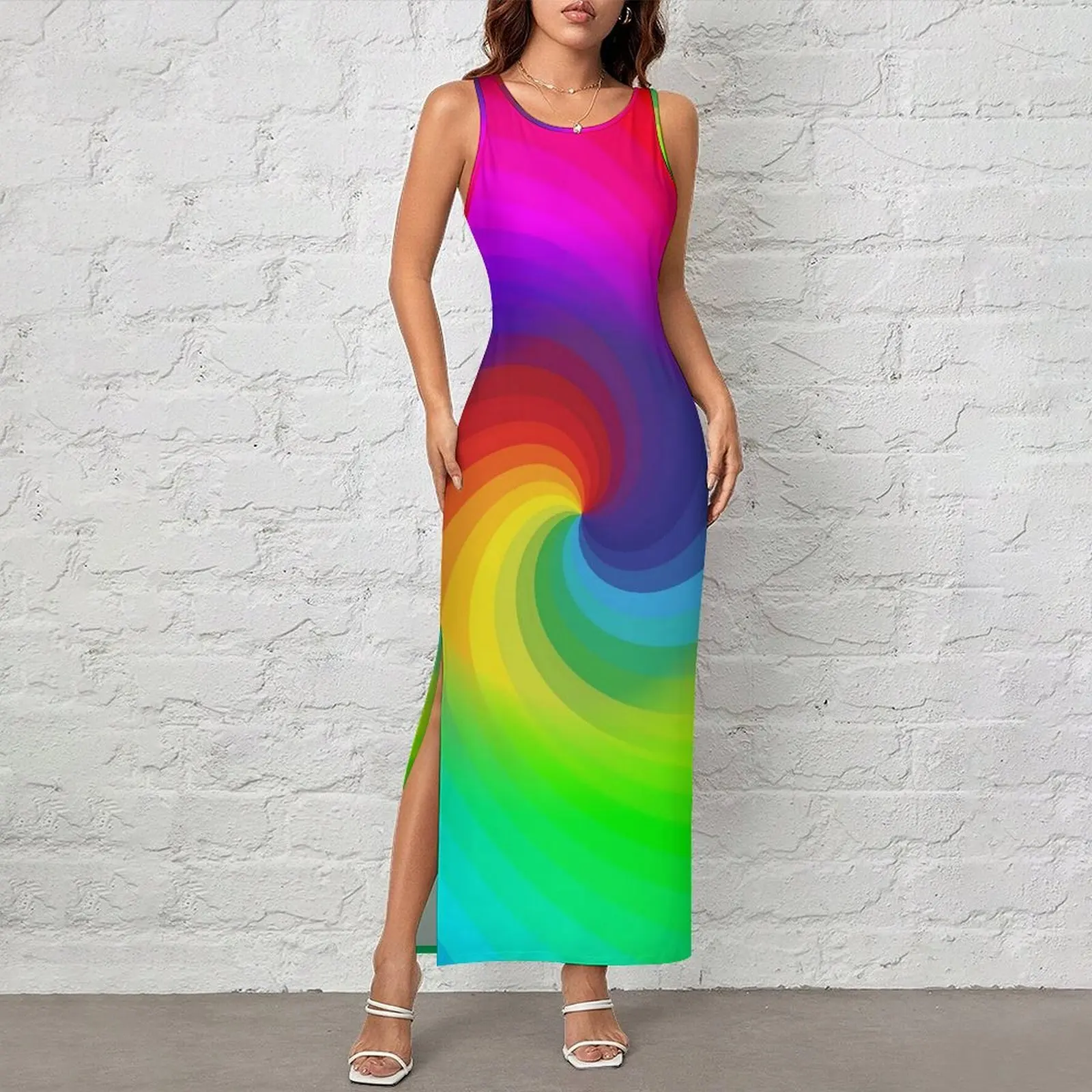 Rainbow Swirl Art Bodycon Dress Summer Colorful Tie Dye Casual Maxi Dresses Female Sleeveless Custom DIY Y2K Fashion Dress