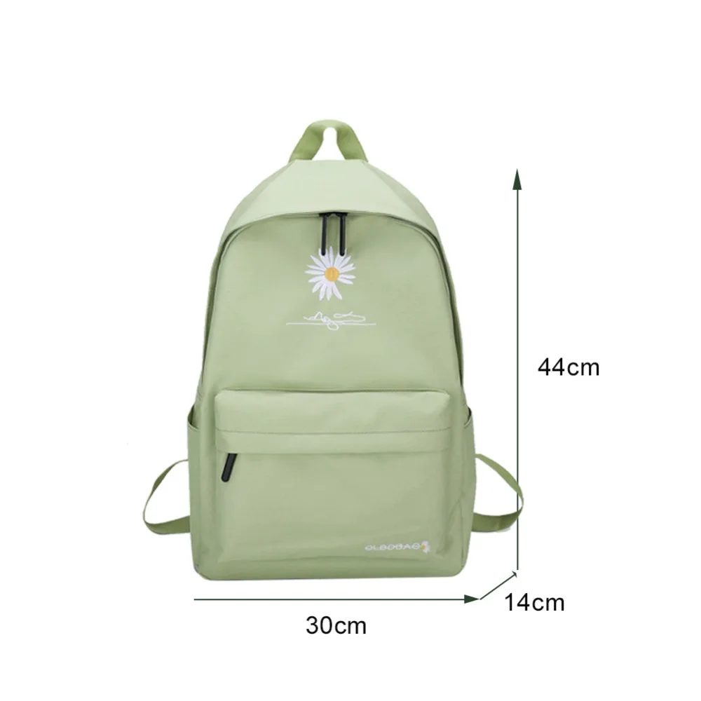 Portable Backpack Casual Canvas Book Backpack Green with Daisy Embroidery Large Capacity Street Travel Bag Student School Bags