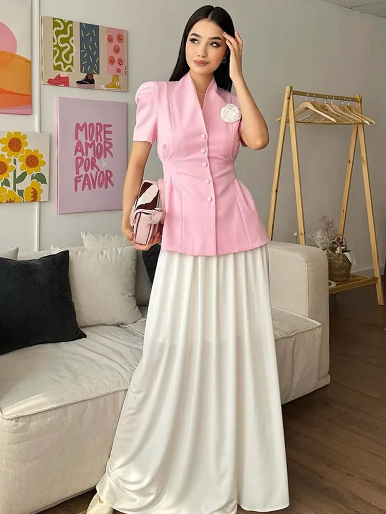 سترات نسائية أنيقة بأكمام قصيرة وخصر نحيف سترات أنيقة ذات ثنيات صلبة واحدة الصدر سترة قصيرة بدلة 2025 ملابس مكتب سيدة جديدة #5