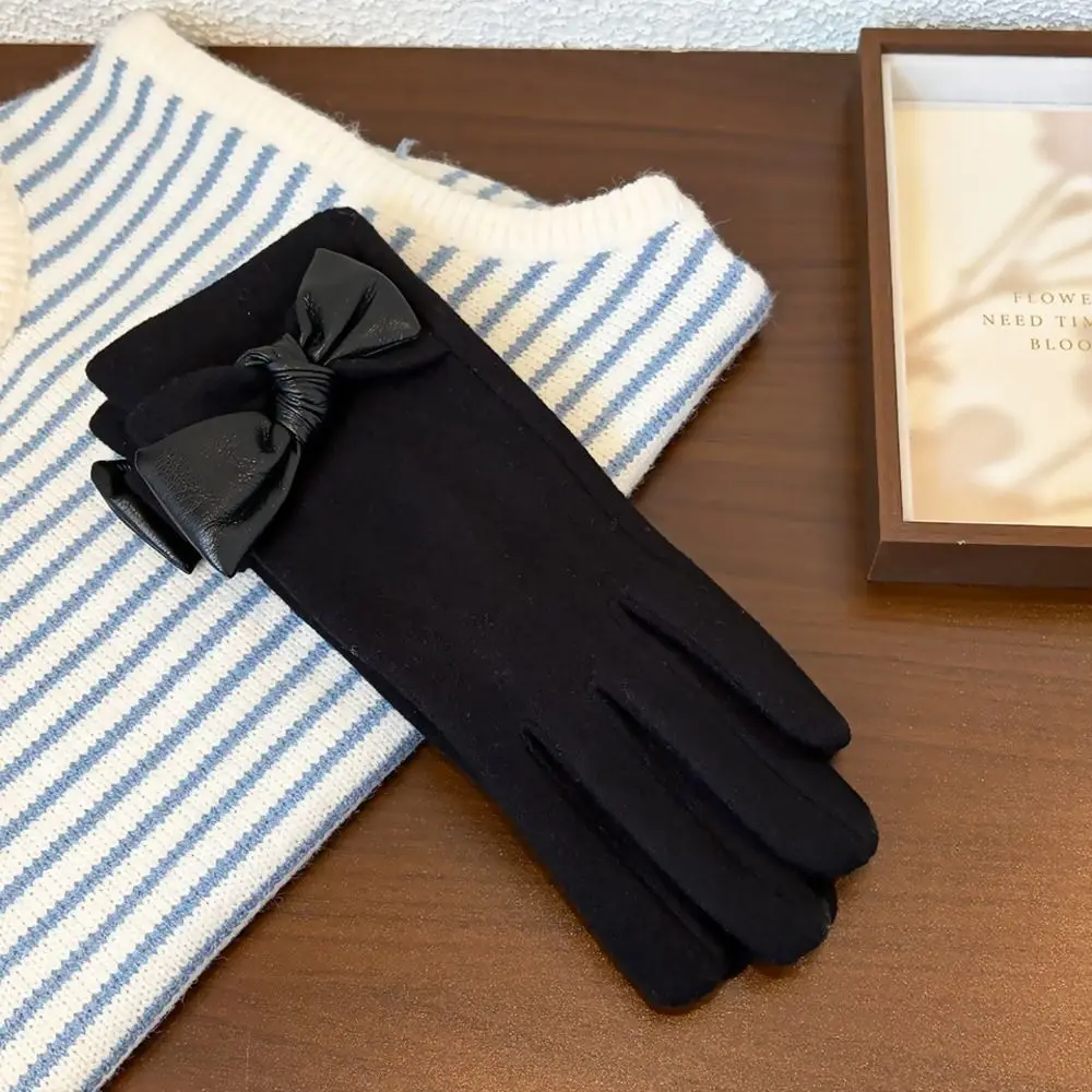 Bow Decor Winter Warm Gloves Polyester Fleece Lined Thick Design Cycling Gloves One Size Touch Screen Gloves For Women