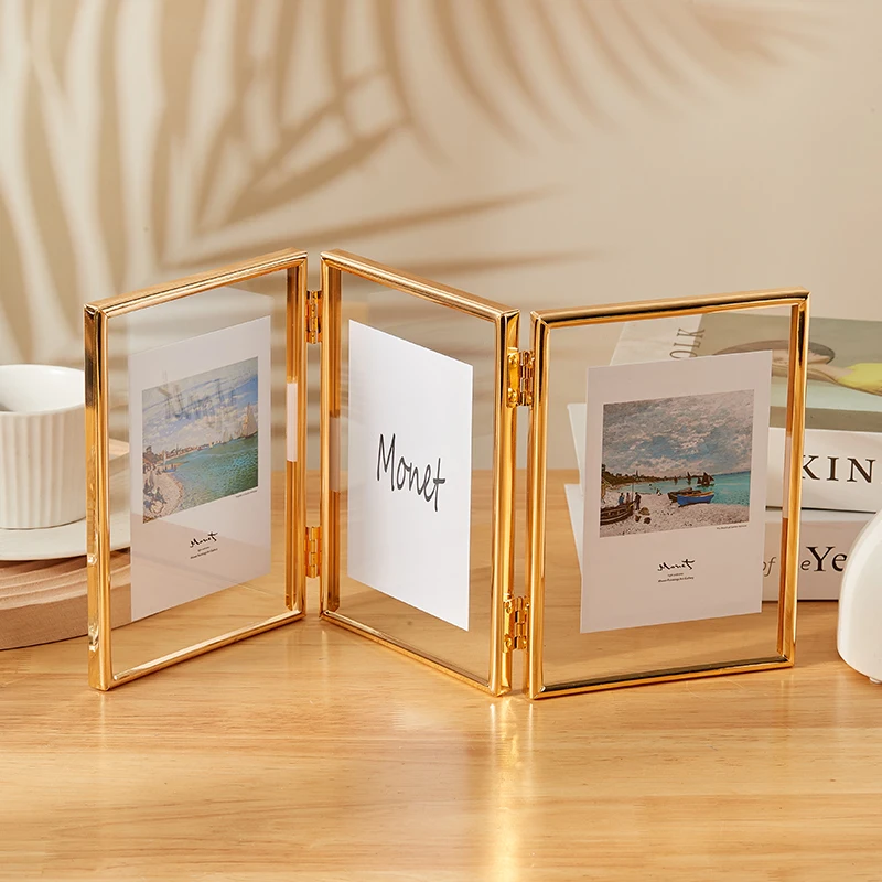 

Foldable 3/2 Panel Collage Picture Frame, Double Sided Clear Glass Photo Frame for 5x7 6x8 Inch Photos, Transparent Album Stand