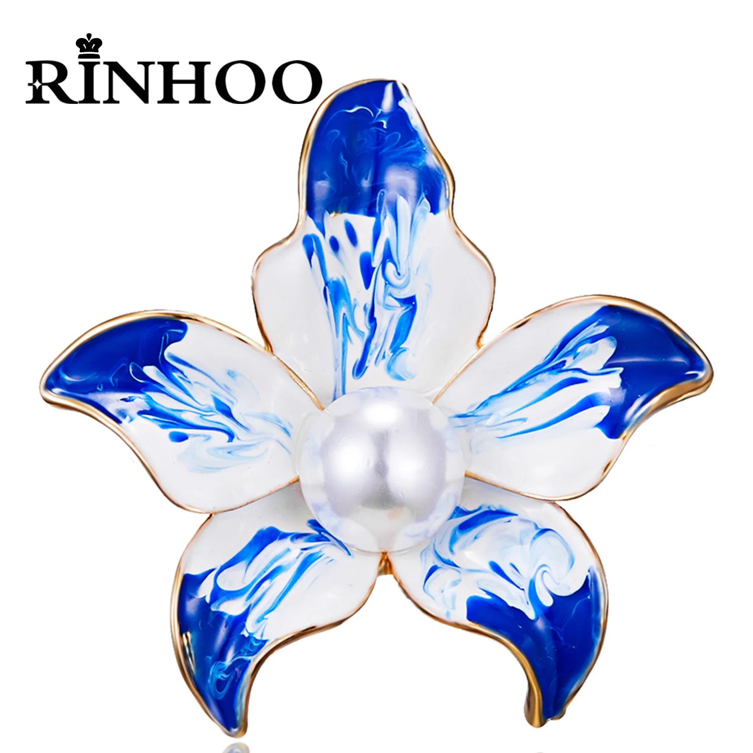 Rinhoo White Blue Imitation Pearls Flower Brooch for Women Luxury Shiny Crystal Floral Lapel Pins Weddings Banquet Badge Jewelry