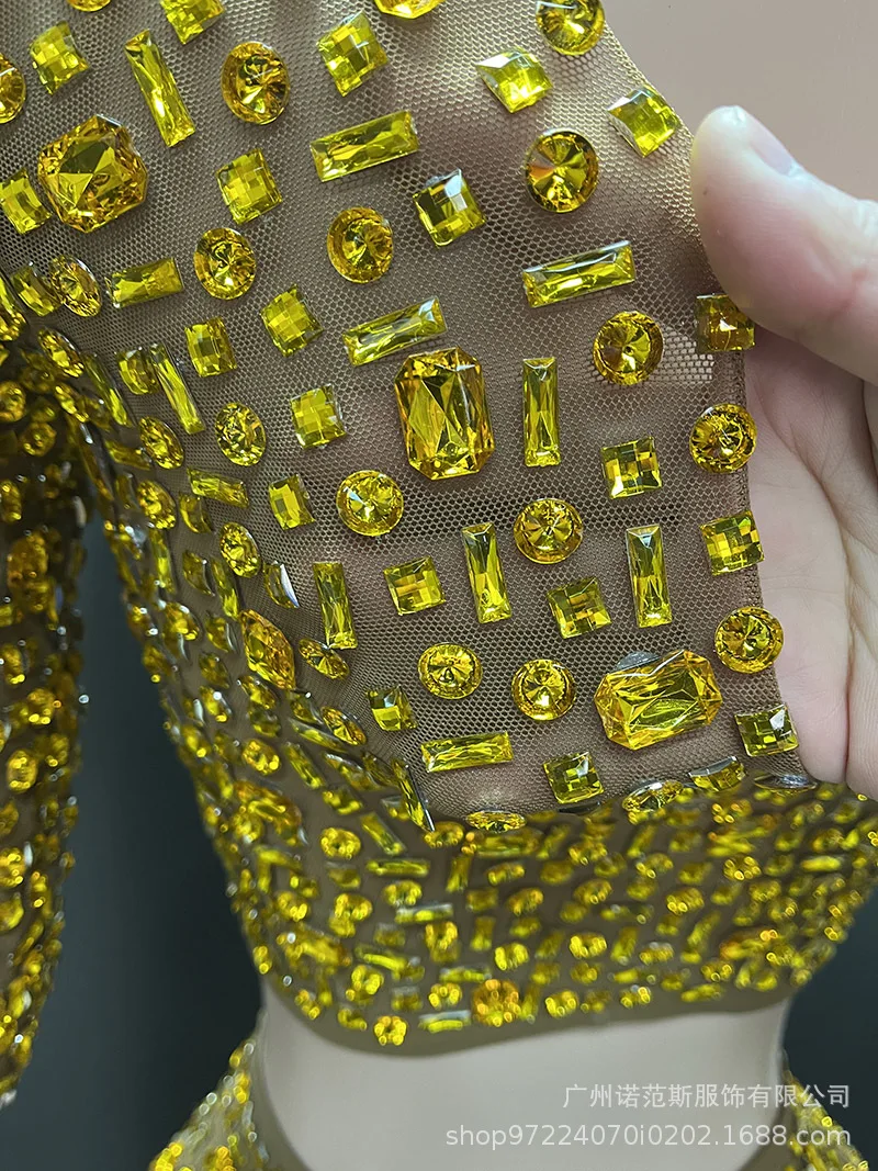 Luxus Gold Diamant Mesh Elastische Strass Rock Sänger Leistung Mode Singen Kleidung Erwachsene Modell Laufsteg Trendige Kleidung