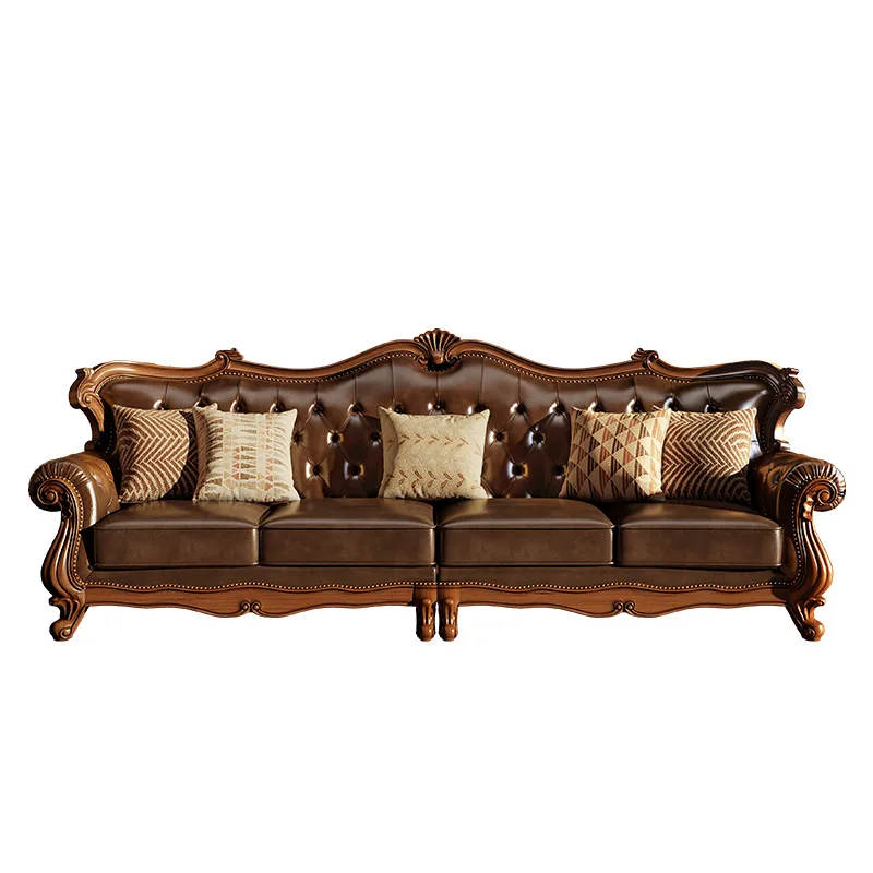American country retro solid wood leather sofa first layer cowhide 123 combination simple beautiful living room villa four peo