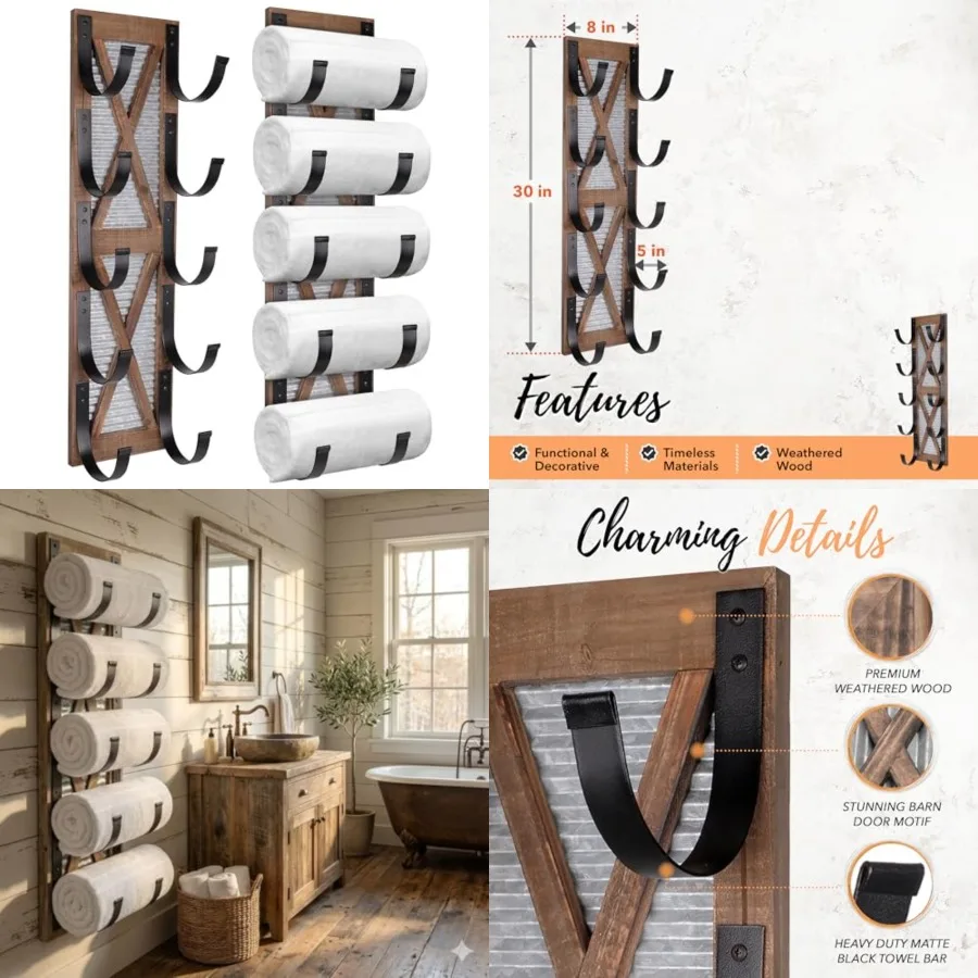 

Farmhouse Towel Holder, Rustic Wine Rack, Rolled Towel Rack, and Wine Holder for Farmhouse Bathroom Accessories Decor, Western