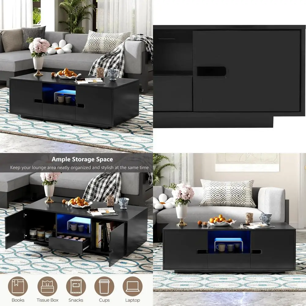 

High Gloss LED Coffee Table 47.2-Inch Wooden Center Cocktail Table with Storage and 16-Color LED Light for Living Room
