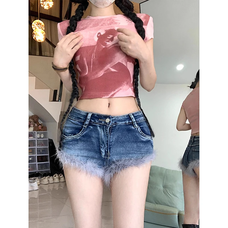 Women Blue Denim Shorts Leisure Fashion Low Waist Tassel Shorts Jeans Y2k Korean Harajuku 2000s Aesthetic Clothes 2024 Summer